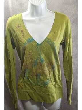 Mudd Retro Vintage Green Hoodie Sweatshirt Peace Graphic V-Neck Medium 100% Cott